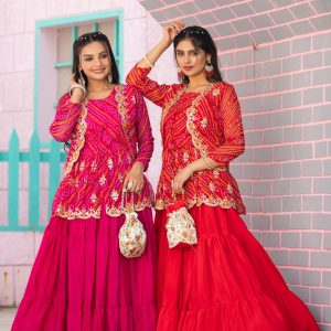 New Launching Festival Special Bandhej Lehenga crop top & jacket (Stitched)